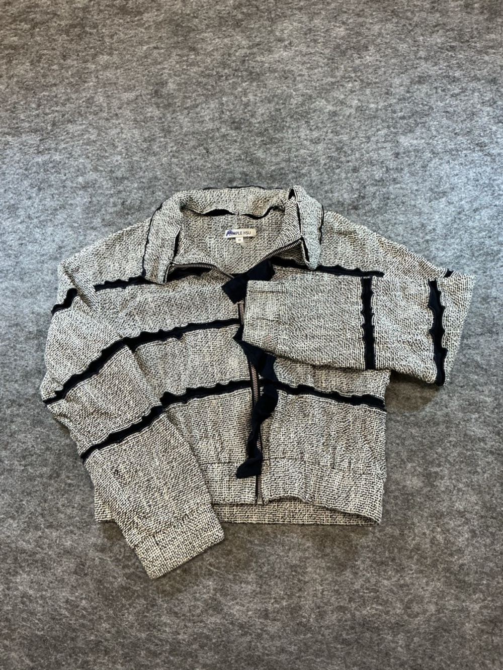 Dimple Hsu Black White Woven Textured Moto Neck Thatched Zippered Sweater A31